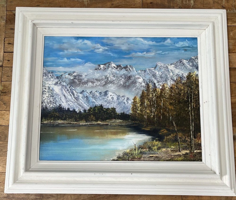 Vintage Framed Oil Painting on Canvas with Mountains and Trees SIGNED